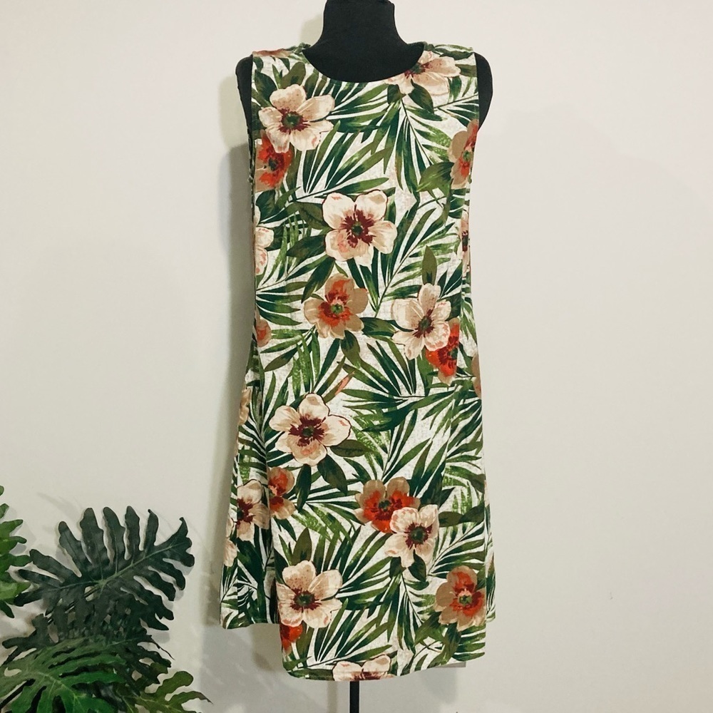 Anne Klein Green Floral Dress with Cream & Orange Flowers.
